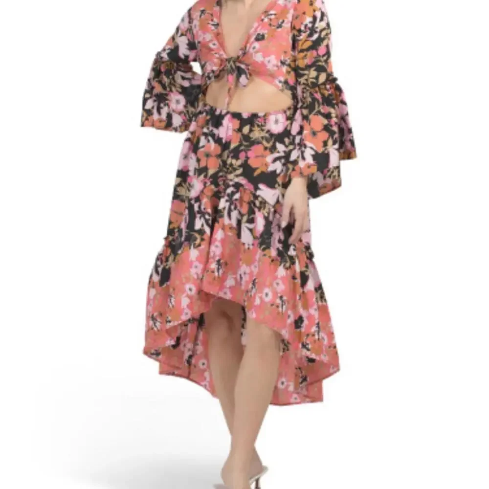NEW RAGA Vera Floral Boho High Low Flowy Maxi Dress Tie Front Cottagecore Size S - Picture 4 of 9